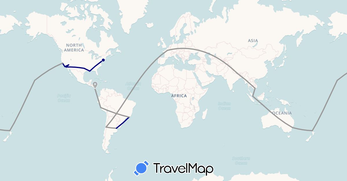 TravelMap itinerary: driving, plane in Argentina, Australia, Brazil, Chile, Costa Rica, France, Nepal, New Zealand, Peru, United States (Asia, Europe, North America, Oceania, South America)